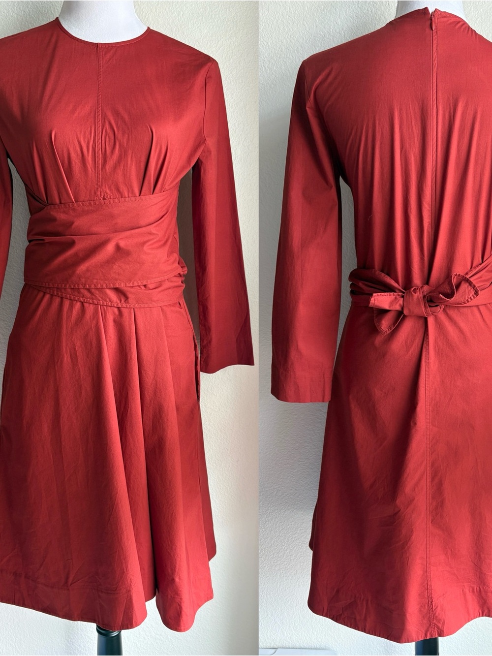 NWT COS Red Cotton Poplin Belted Corset Waist Wrap Long Sleeve Dress 6